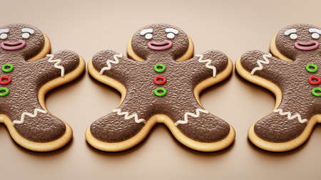 Gingerbread cookies in a row. 3D illustration.