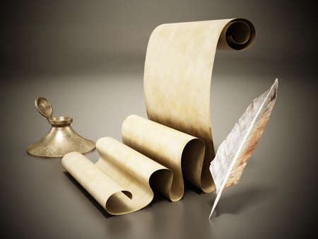 Ancient parchment, inkwell and quill. 3D illustration.の写真素材