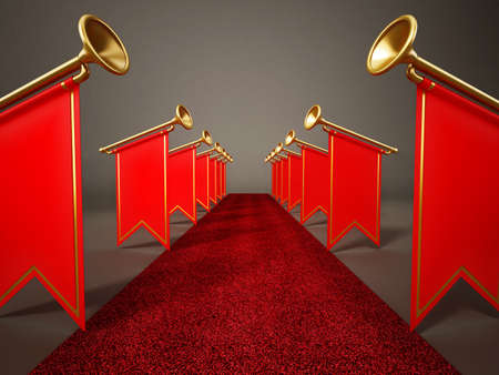 Trumpets with red flags isolated on white background. 3D illustration.の写真素材