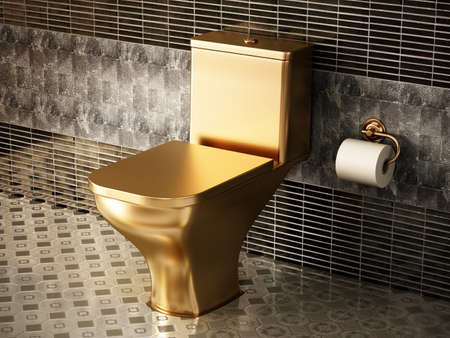Golden toilet in luxury bathroom. 3D illustration.の写真素材