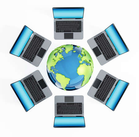 Laptop computers standing around the globe. 3D illustration.