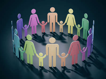 Families holding hands forming a circle alltogether. 3D illustration.の写真素材