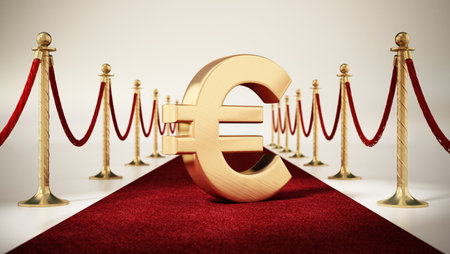 Euro sign standing on red carpet with velvet ropes on both sides. 3D illustration.の写真素材