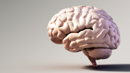 Human brain standing on soft color background. Copy space on the left. 3D illustration.の写真素材