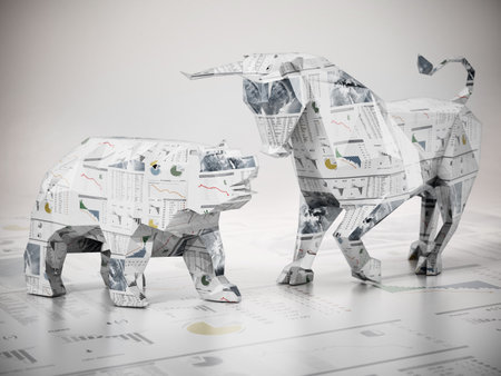 Low poly bull and bear standing on finance newspaper page. 3D illustration.の写真素材