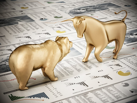 Golden bull and bear standing on finance newspaper page. 3D illustration.の写真素材