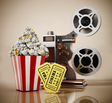 Vintage movie projector, popcorn, cinema tickets. 3D illustration.の写真素材