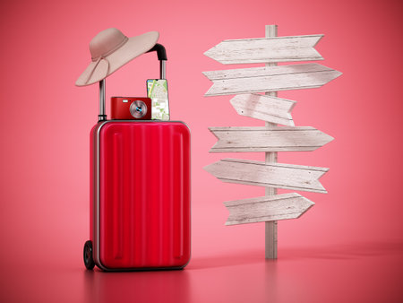 Travel suitcase, hat, smartphone and camera standing next to blank direction signs.の写真素材