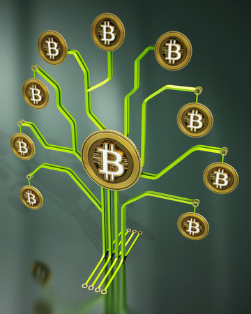 Fictitious crypto coins hanging on PCB tree branchs. 3D illustration.の写真素材