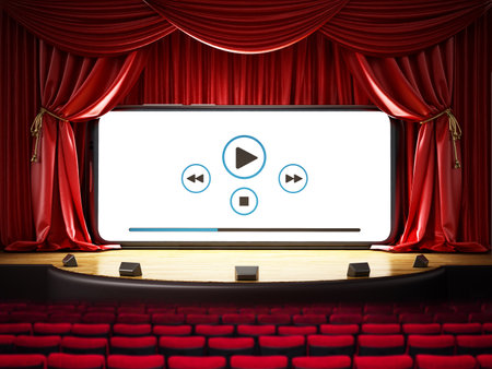 Smartphone with media control icons at the stage among red curtains. 3D illustration.の写真素材