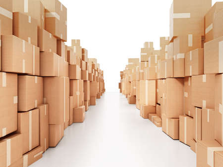 Corridor consisting of cardboard boxes. 3D illustration.