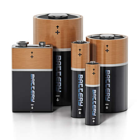 Group of various sized batteries isolated on white background. 3D illustration.の写真素材