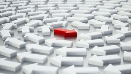 Red arrow stands out among white rotating arrows in helix form. 3D illustration.