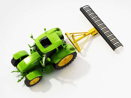 Green tractor with attached farming tool isolated on white background. 3D illustration.の写真素材