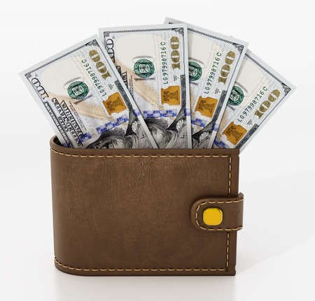 100 dollar banknotes inside leather wallet isolated on white background. 3D illustration.