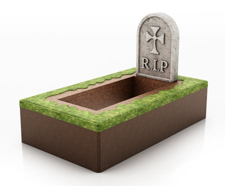 Open grave with gravestone isolated on white background. 3D illustration.の写真素材