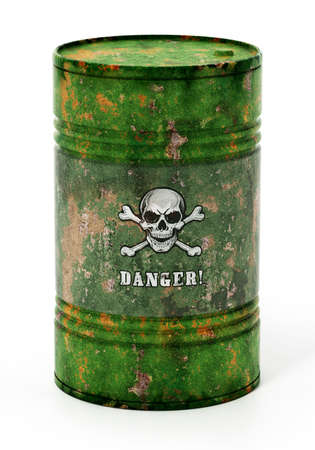 Toxic barrell with skull and bones and danger text. 3D illustration.