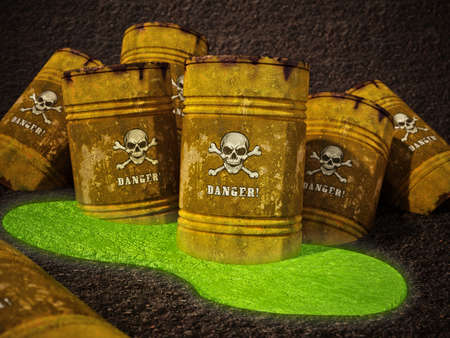 Toxic barrells with skull and bones and danger text. 3D illustration.の写真素材
