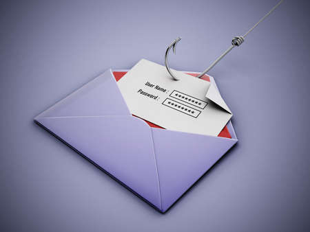 Fish hook stealing user name and password text areas on paper inside an enveloppe. 3D illustration.の写真素材