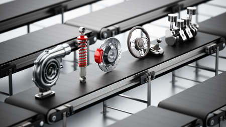 Conveyor belt carrying various car parts. 3D illustration.