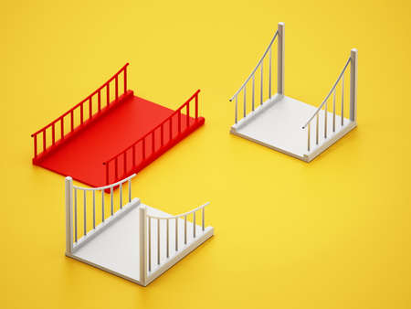 Red bridge part fitting white parts. Building bridges concept. 3D illustration.の写真素材