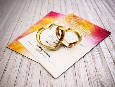 Two attached heart shaped rings standing on old wooden planks next to the wedding invitation. 3D illustration.の写真素材