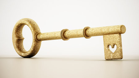 Golden ornate key with heart symbol isolated on white background. 3D illustration.の写真素材