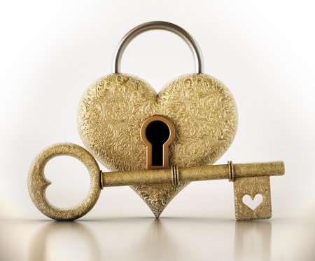Golden ornate key with heart symbol and heart shaped padlock isolated on white background. 3D illustration.の写真素材