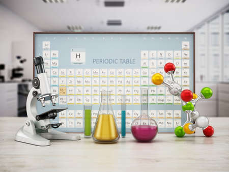 Chemistery laboratory with microscope, molecule model and glass lab equipment on the table. Periodic table on the background. 3D illustration.の写真素材