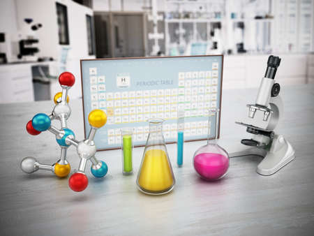 Chemistery laboratory with microscope, molecule model and glass lab equipment on the table. Periodic...