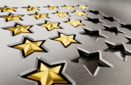 Rating stars table with 5.4,3,2.1 stars. 3D illustration.の写真素材