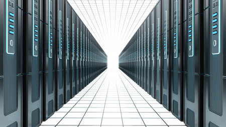 Network servers in a row isolated on white background. 3D illustration.