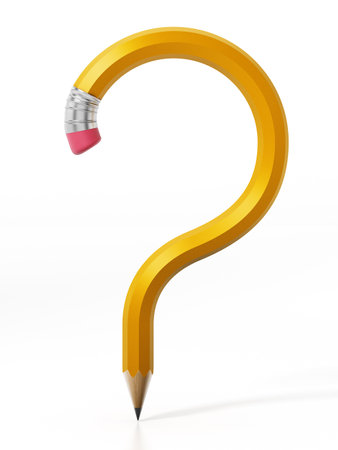 Question mark shaped yellow pencil isolated on white background. 3D illustration.の写真素材