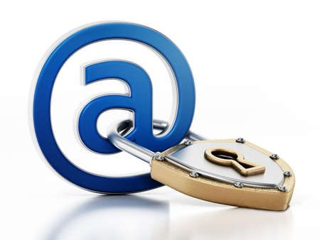 At sign locked with shield shaped padlock isolated on white background. 3D illustration.の写真素材