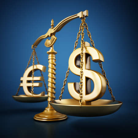 Golden Euro and Dollar signs standing on the scales of a balanced scale. 3D illustration.の写真素材