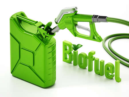 Biofuel word standing next to green gas tank and gas pump. 3D illustration.の写真素材