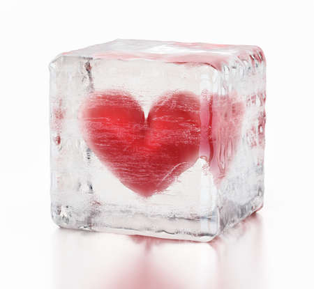 Red heart inside frozen ice cube. 3D illustration.の写真素材