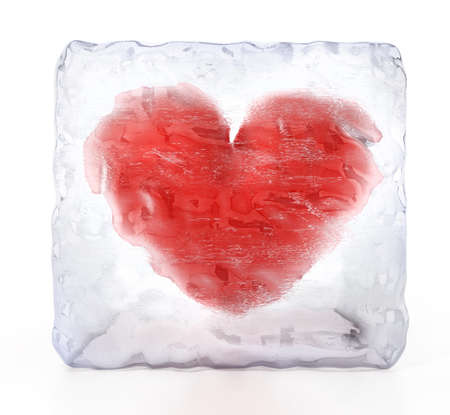 Red heart inside frozen ice cube. 3D illustration.の写真素材