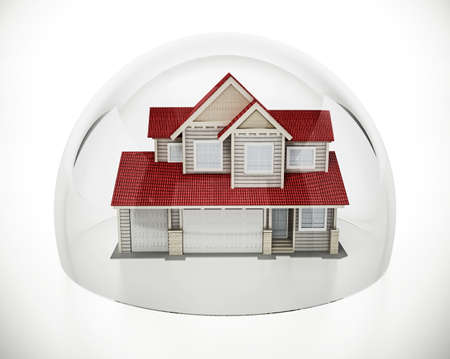 House model protected by glass sphere. Insurance and safety concept. 3D illustration.の写真素材