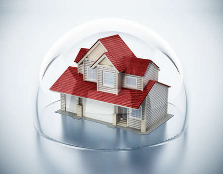 House model protected by glass sphere. Insurance and safety concept. 3D illustration.の写真素材