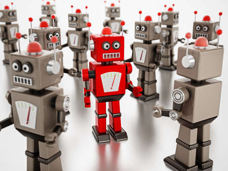 Red vintage robot stands out among gray standard robots. 3D illustration.