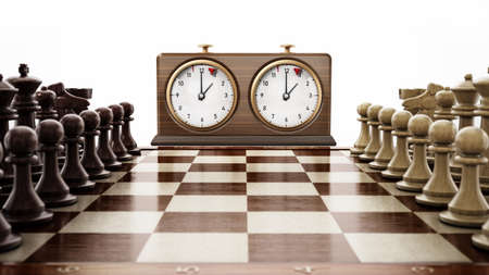 Wooden retro chess clock and chess board isolated on white background. 3D illustration.の写真素材
