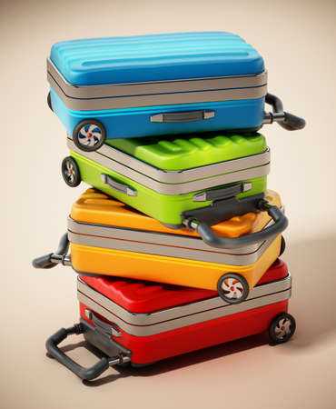 Stack of colorful suitcases with soft shadows. 3D illustration.の写真素材
