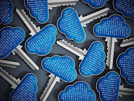 Metal keys with cloud shapes and binary codes on top. Cloud computing concept. 3D illustration.の写真素材