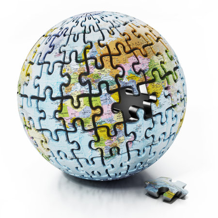 3D globe with world map consisting of puzzle parts isolated on white background. 3D illustration.の写真素材