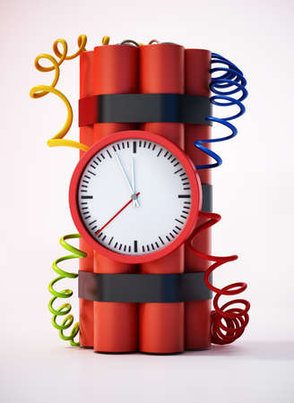 Dynamite clock pointing a few minutes to 12 o'clock. 3D illustration.