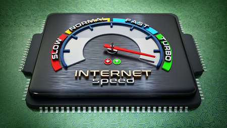 Internet speed dial on computer chip standing on green PCB. 3D illustration.の写真素材