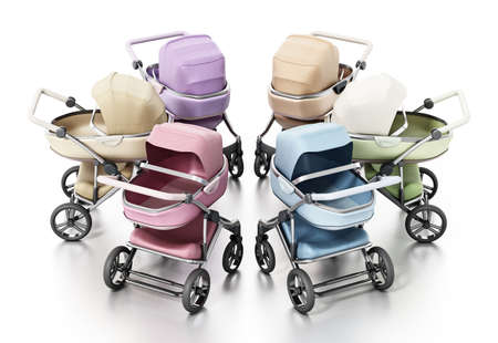 Group of vintage baby strollers isolated on white background. 3D illustration.