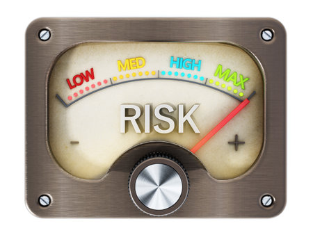Vintage risk meter pointing maximum risk isolated on white background. 3D illustration.の写真素材