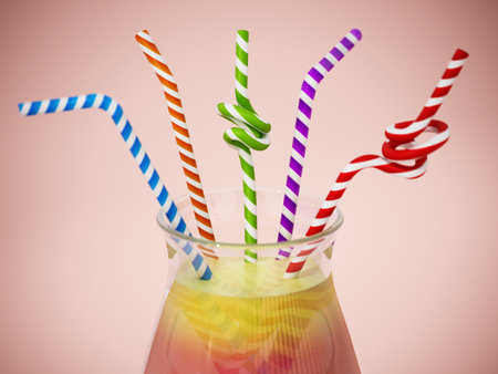 Colorful straws inside coctail glass with multi colored beverage. 3D illustration.の写真素材